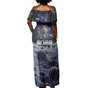 Mae Jemison Off Shoulder Maxi Dress with Space Portrait Design, Science Has No Boundaries Quote and DNA Book Elements - African Pride