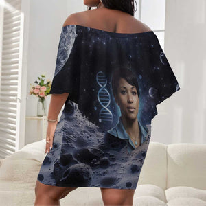 Mae Jemison Off Shoulder Short Dress with Space Portrait Design, Science Has No Boundaries Quote and DNA Book Elements - African Pride