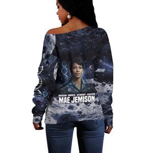 Mae Jemison Off Shoulder Sweater with Space Portrait Design, Science Has No Boundaries Quote and DNA Book Elements - African Pride