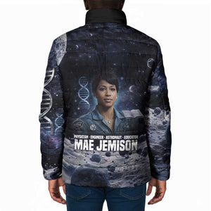 Mae Jemison Padded Jacket with Space Portrait Design, Science Has No Boundaries Quote and DNA Book Elements - African Pride