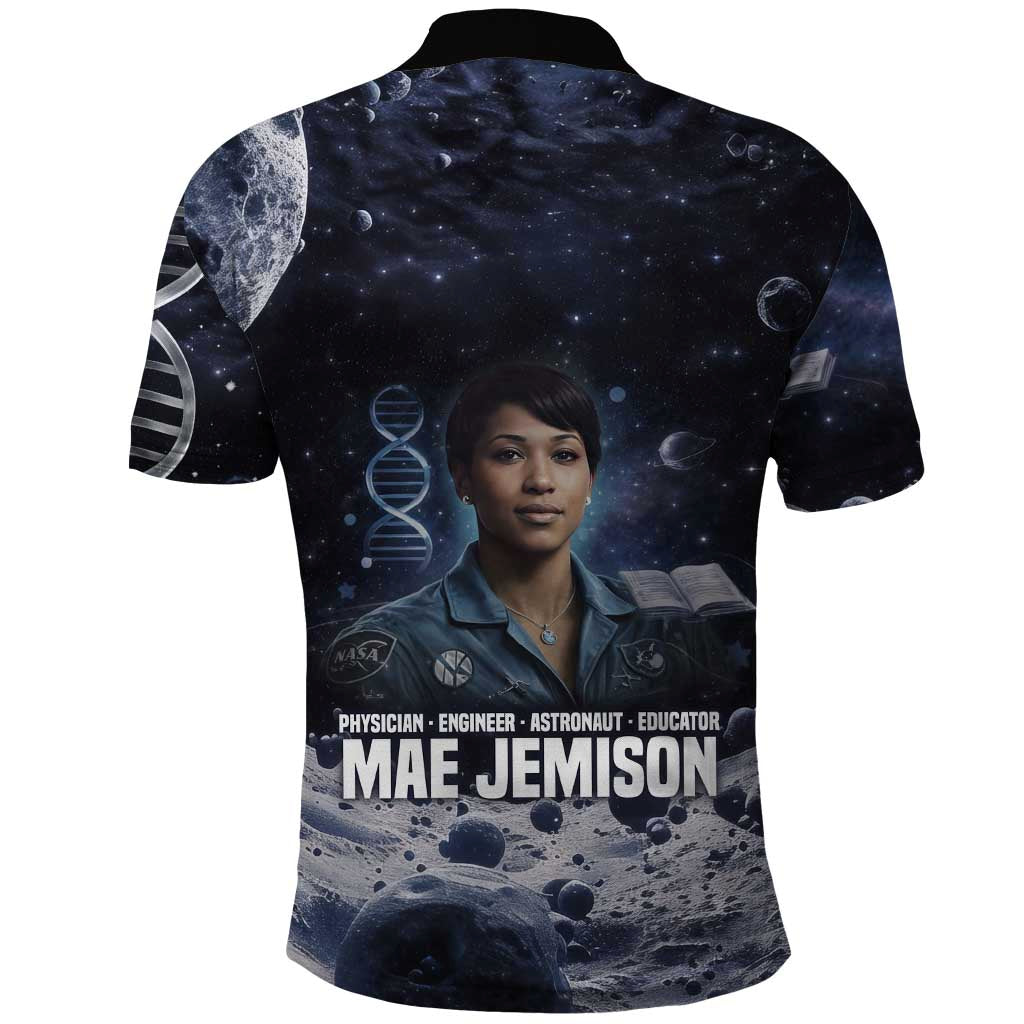 Mae Jemison Polo Shirt with Space Portrait Design, Science Has No Boundaries Quote and DNA Book Elements - African Pride