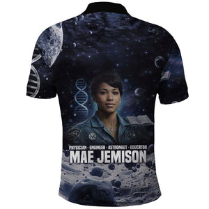 Mae Jemison Polo Shirt with Space Portrait Design, Science Has No Boundaries Quote and DNA Book Elements - African Pride
