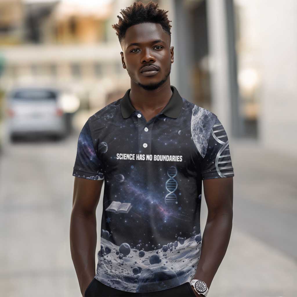 Mae Jemison Polo Shirt with Space Portrait Design, Science Has No Boundaries Quote and DNA Book Elements - African Pride