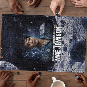 Mae Jemison Puzzle with Space Portrait Design, Science Has No Boundaries Quote and DNA Book Elements - African Pride