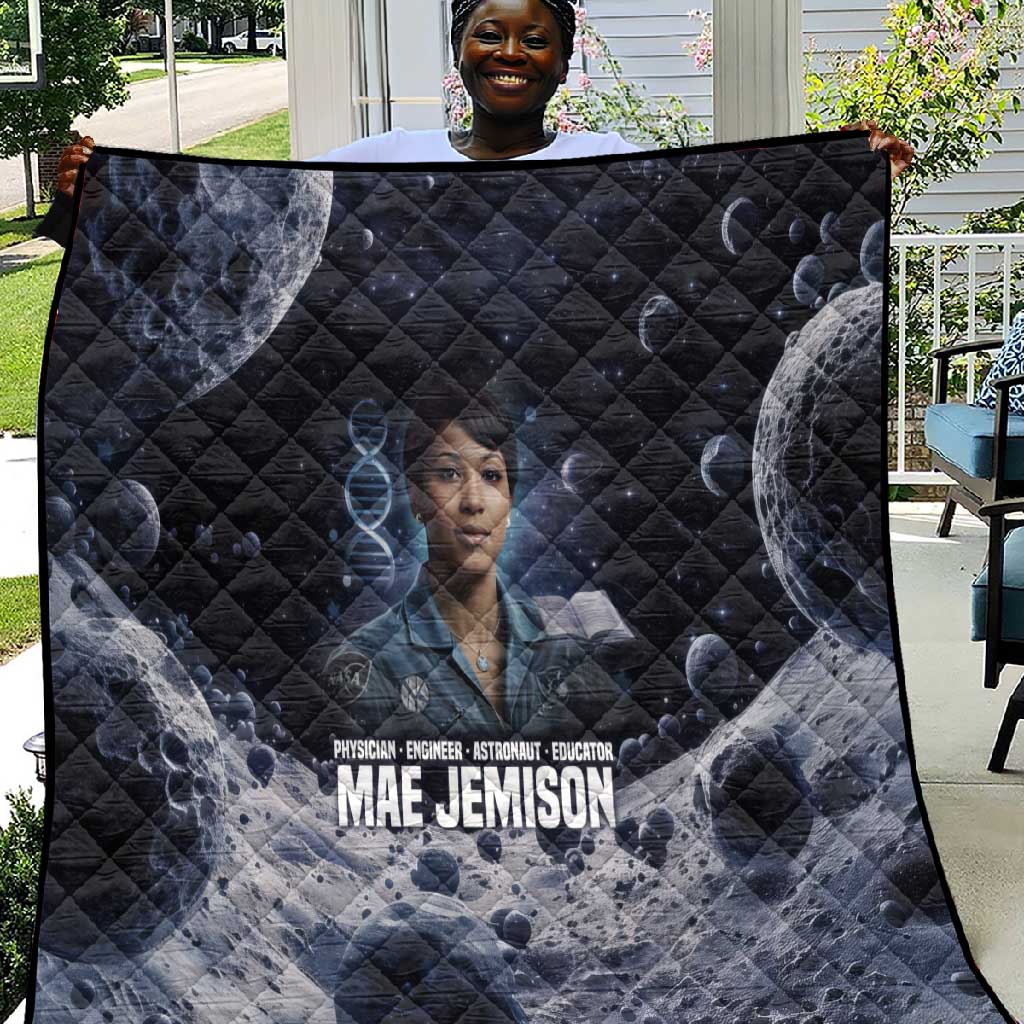 Mae Jemison Quilt with Space Portrait Design, Science Has No Boundaries Quote and DNA Book Elements - African Pride