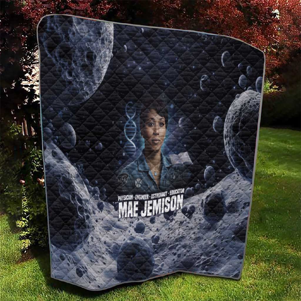 Mae Jemison Quilt with Space Portrait Design, Science Has No Boundaries Quote and DNA Book Elements - African Pride
