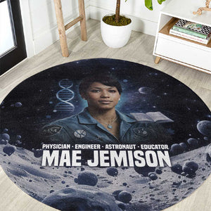 Mae Jemison Round Carpet with Space Portrait Design, Science Has No Boundaries Quote and DNA Book Elements - African Pride