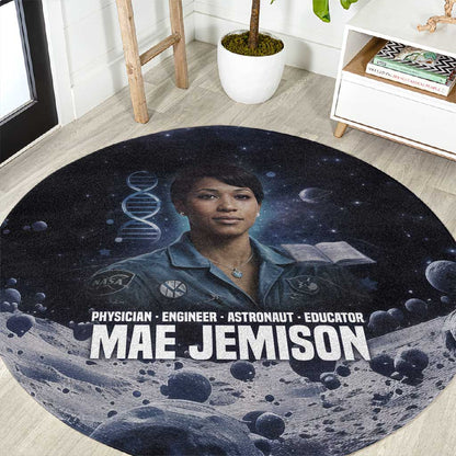 Mae Jemison Round Carpet with Space Portrait Design, Science Has No Boundaries Quote and DNA Book Elements - African Pride