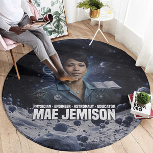 Mae Jemison Round Carpet with Space Portrait Design, Science Has No Boundaries Quote and DNA Book Elements - African Pride