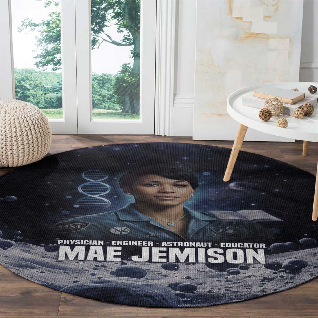 Mae Jemison Round Carpet with Space Portrait Design, Science Has No Boundaries Quote and DNA Book Elements - African Pride