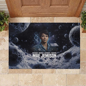 Mae Jemison Rubber Doormat with Space Portrait Design, Science Has No Boundaries Quote and DNA Book Elements - African Pride