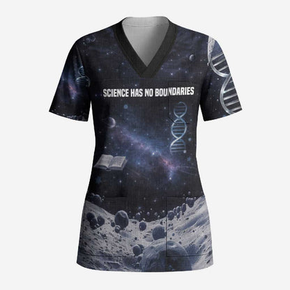 Mae Jemison Scrub Top with Space Portrait Design, Science Has No Boundaries Quote and DNA Book Elements - African Pride