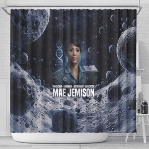 Mae Jemison Shower Curtain with Space Portrait Design, Science Has No Boundaries Quote and DNA Book Elements - African Pride