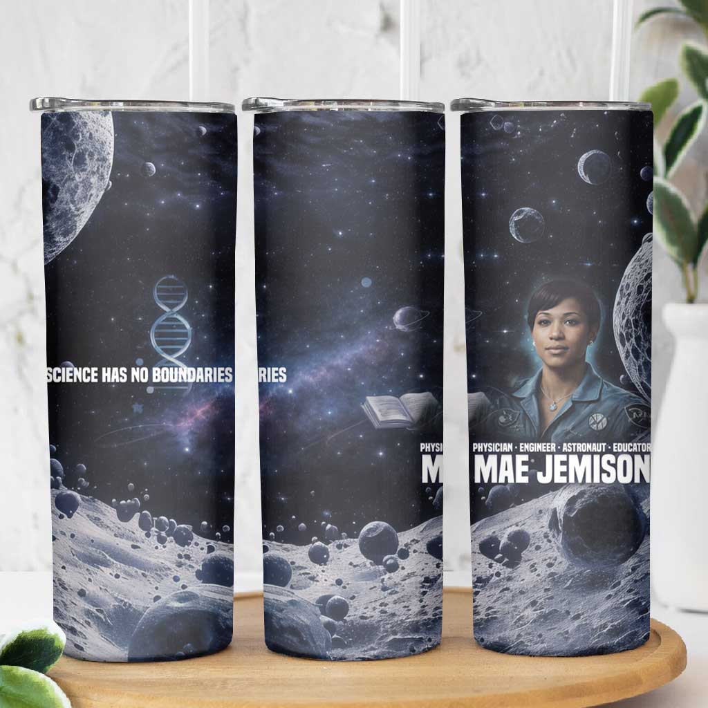 Mae Jemison Skinny Tumbler with Space Portrait Design, Science Has No Boundaries Quote and DNA Book Elements - African Pride