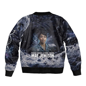 Mae Jemison Sleeve Zip Bomber Jacket with Space Portrait Design, Science Has No Boundaries Quote and DNA Book Elements - African Pride