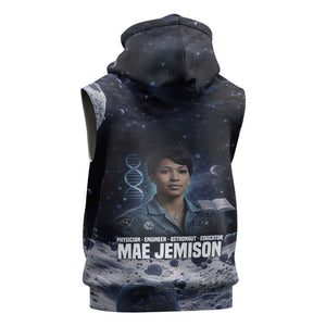 Mae Jemison Sleeveless Hoodie with Space Portrait Design, Science Has No Boundaries Quote and DNA Book Elements - African Pride