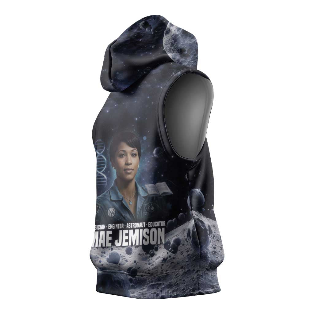 Mae Jemison Sleeveless Hoodie with Space Portrait Design, Science Has No Boundaries Quote and DNA Book Elements - African Pride