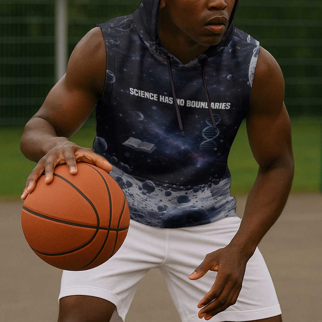Mae Jemison Sleeveless Hoodie with Space Portrait Design, Science Has No Boundaries Quote and DNA Book Elements - African Pride