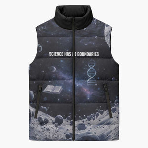 Mae Jemison Sleeveless Puffer Jacket with Space Portrait Design, Science Has No Boundaries Quote and DNA Book Elements - African Pride