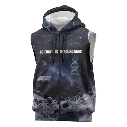 Mae Jemison Sleeveless Zip Hoodie with Space Portrait Design, Science Has No Boundaries Quote and DNA Book Elements - African Pride