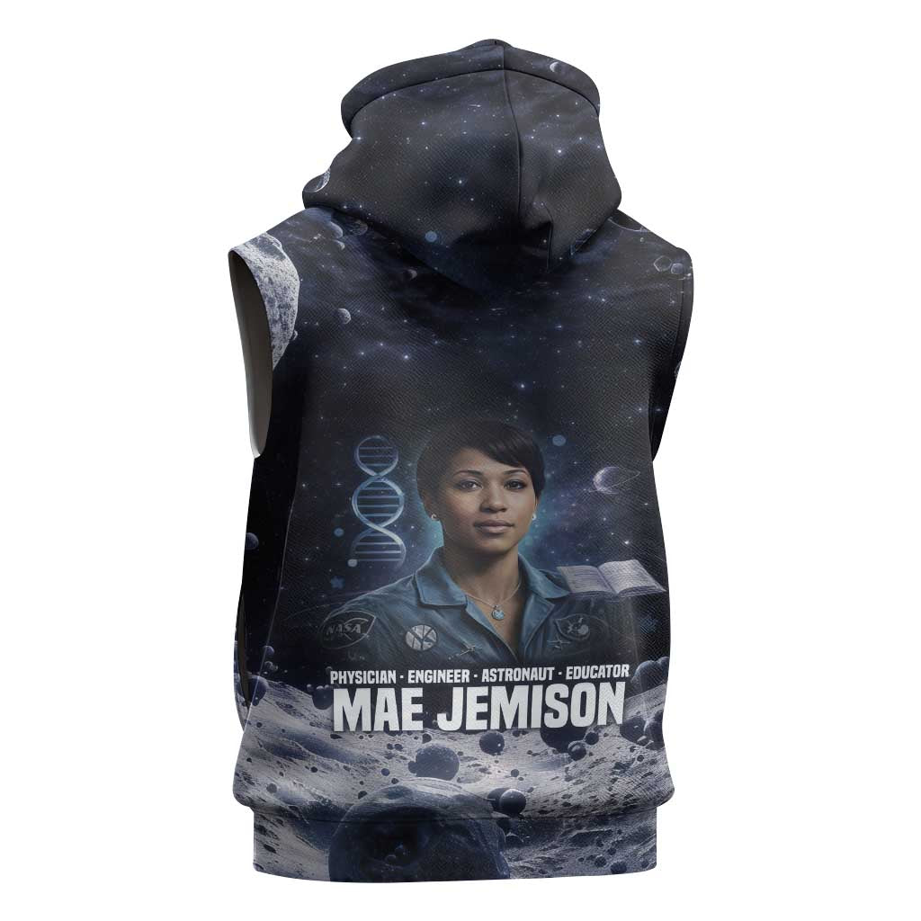 Mae Jemison Sleeveless Zip Hoodie with Space Portrait Design, Science Has No Boundaries Quote and DNA Book Elements - African Pride