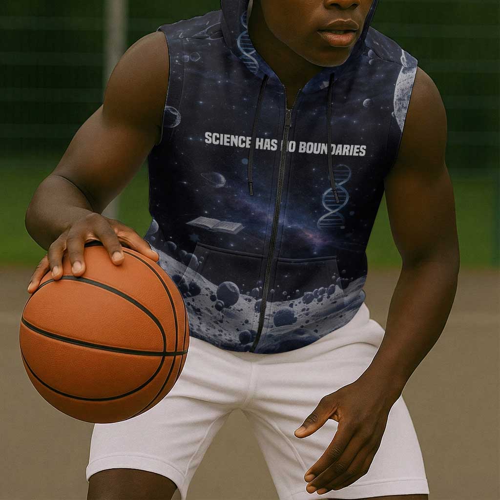 Mae Jemison Sleeveless Zip Hoodie with Space Portrait Design, Science Has No Boundaries Quote and DNA Book Elements - African Pride