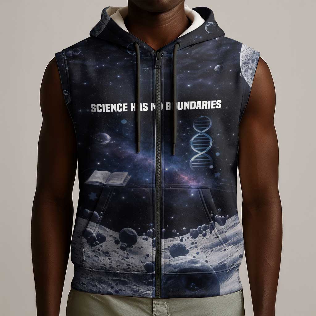 Mae Jemison Sleeveless Zip Hoodie with Space Portrait Design, Science Has No Boundaries Quote and DNA Book Elements - African Pride