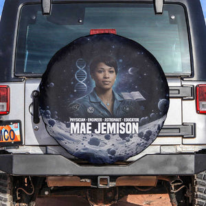Mae Jemison Spare Tire Cover with Space Portrait Design, Science Has No Boundaries Quote and DNA Book Elements - African Pride