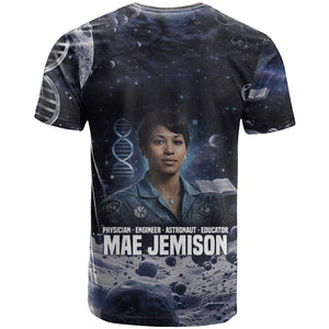 Mae Jemison T shirt with Space Portrait Design, Science Has No Boundaries Quote and DNA Book Elements - African Pride