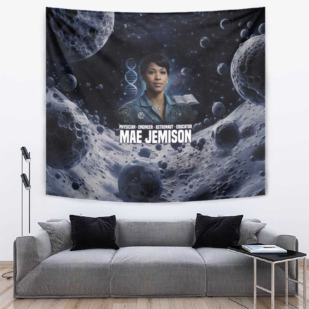 Mae Jemison Tapestry with Space Portrait Design, Science Has No Boundaries Quote and DNA Book Elements - African Pride