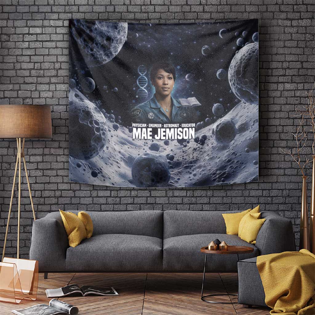 Mae Jemison Tapestry with Space Portrait Design, Science Has No Boundaries Quote and DNA Book Elements - African Pride