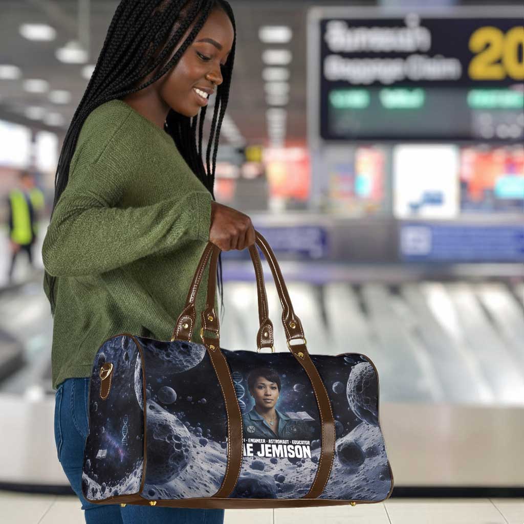 Mae Jemison Travel Bag with Space Portrait Design, Science Has No Boundaries Quote and DNA Book Elements - African Pride