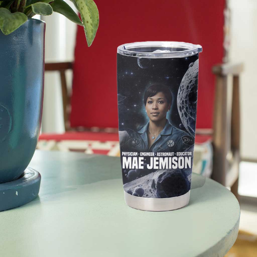 Mae Jemison Tumbler Cup with Space Portrait Design, Science Has No Boundaries Quote and DNA Book Elements - African Pride