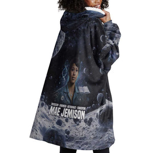 Mae Jemison Wearable Blanket Hoodie with Space Portrait Design, Science Has No Boundaries Quote and DNA Book Elements - African Pride