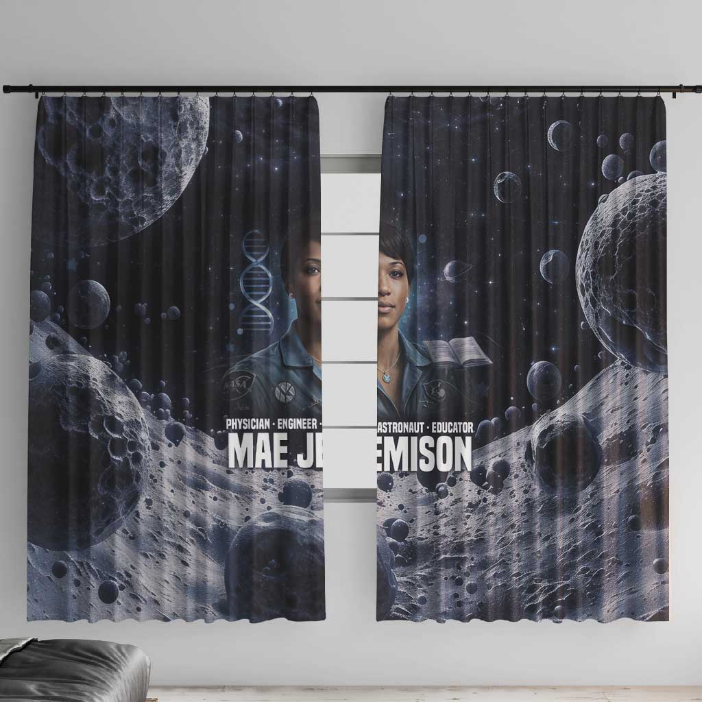 Mae Jemison Window Curtain with Space Portrait Design, Science Has No Boundaries Quote and DNA Book Elements - African Pride