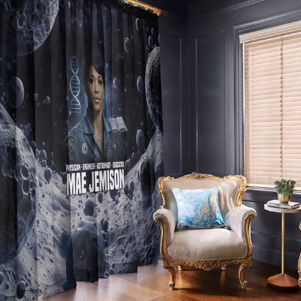 Mae Jemison Window Curtain with Space Portrait Design, Science Has No Boundaries Quote and DNA Book Elements - African Pride