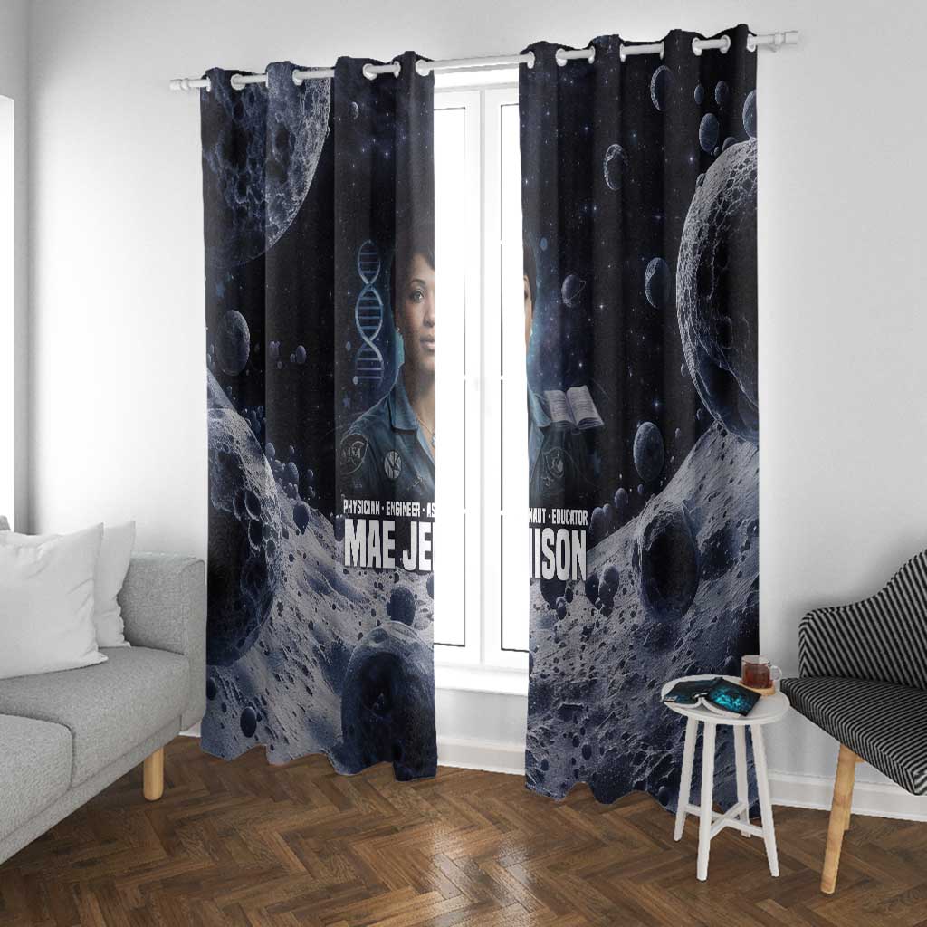 Mae Jemison Window Curtain with Space Portrait Design, Science Has No Boundaries Quote and DNA Book Elements - African Pride