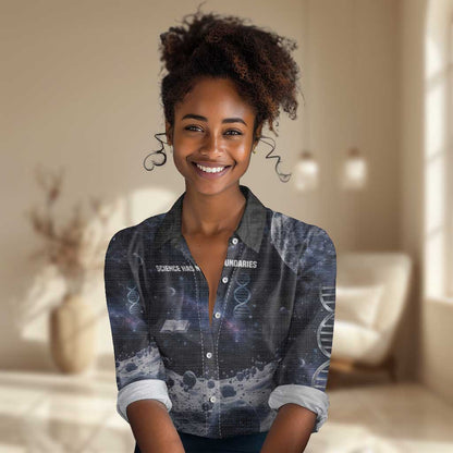 Mae Jemison Women Casual Shirt with Space Portrait Design, Science Has No Boundaries Quote and DNA Book Elements - African Pride