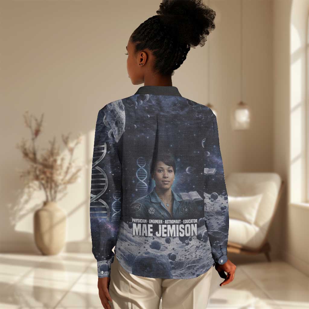 Mae Jemison Women Casual Shirt with Space Portrait Design, Science Has No Boundaries Quote and DNA Book Elements - African Pride