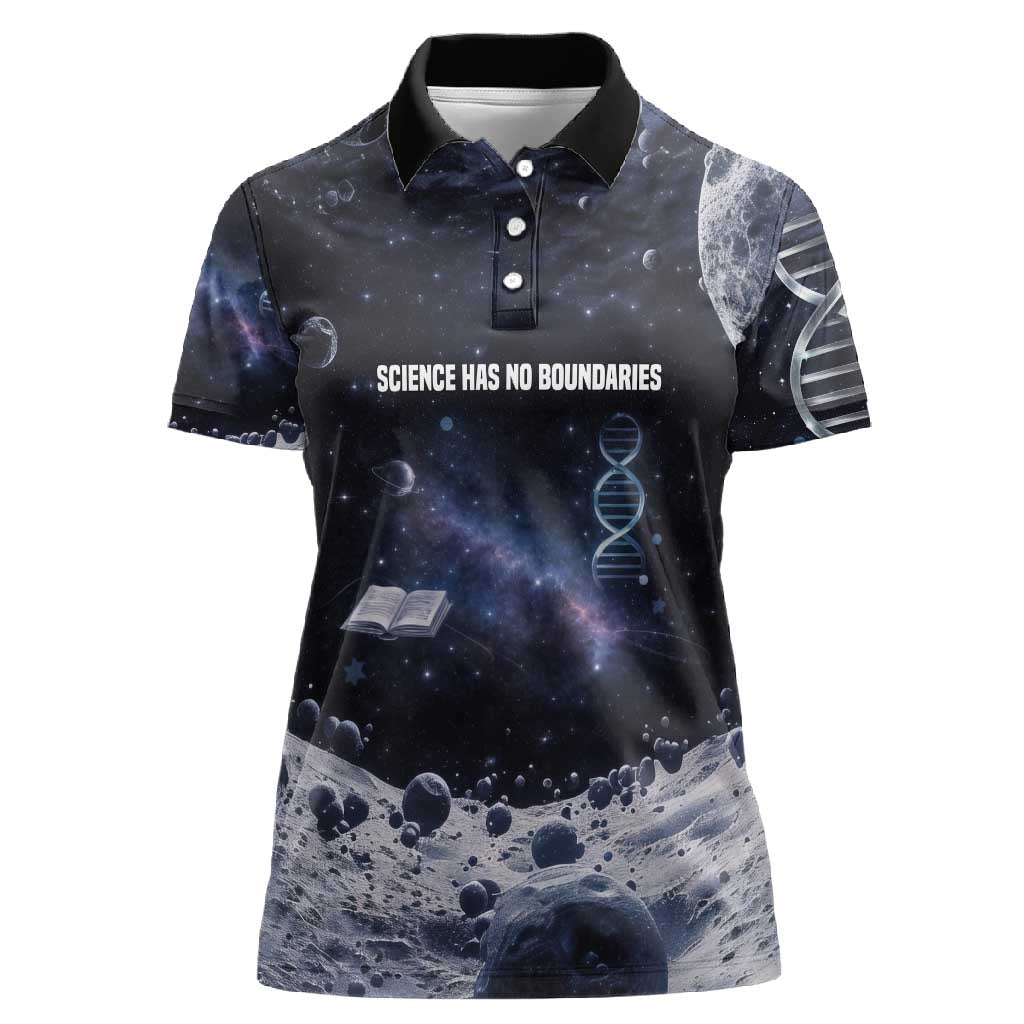 Mae Jemison Women Polo Shirt with Space Portrait Design, Science Has No Boundaries Quote and DNA Book Elements - African Pride