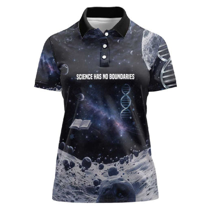 Mae Jemison Women Polo Shirt with Space Portrait Design, Science Has No Boundaries Quote and DNA Book Elements - African Pride