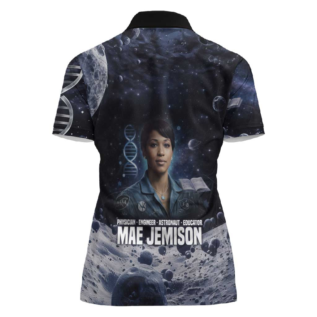 Mae Jemison Women Polo Shirt with Space Portrait Design, Science Has No Boundaries Quote and DNA Book Elements - African Pride