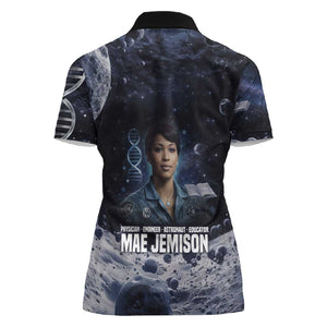 Mae Jemison Women Polo Shirt with Space Portrait Design, Science Has No Boundaries Quote and DNA Book Elements - African Pride
