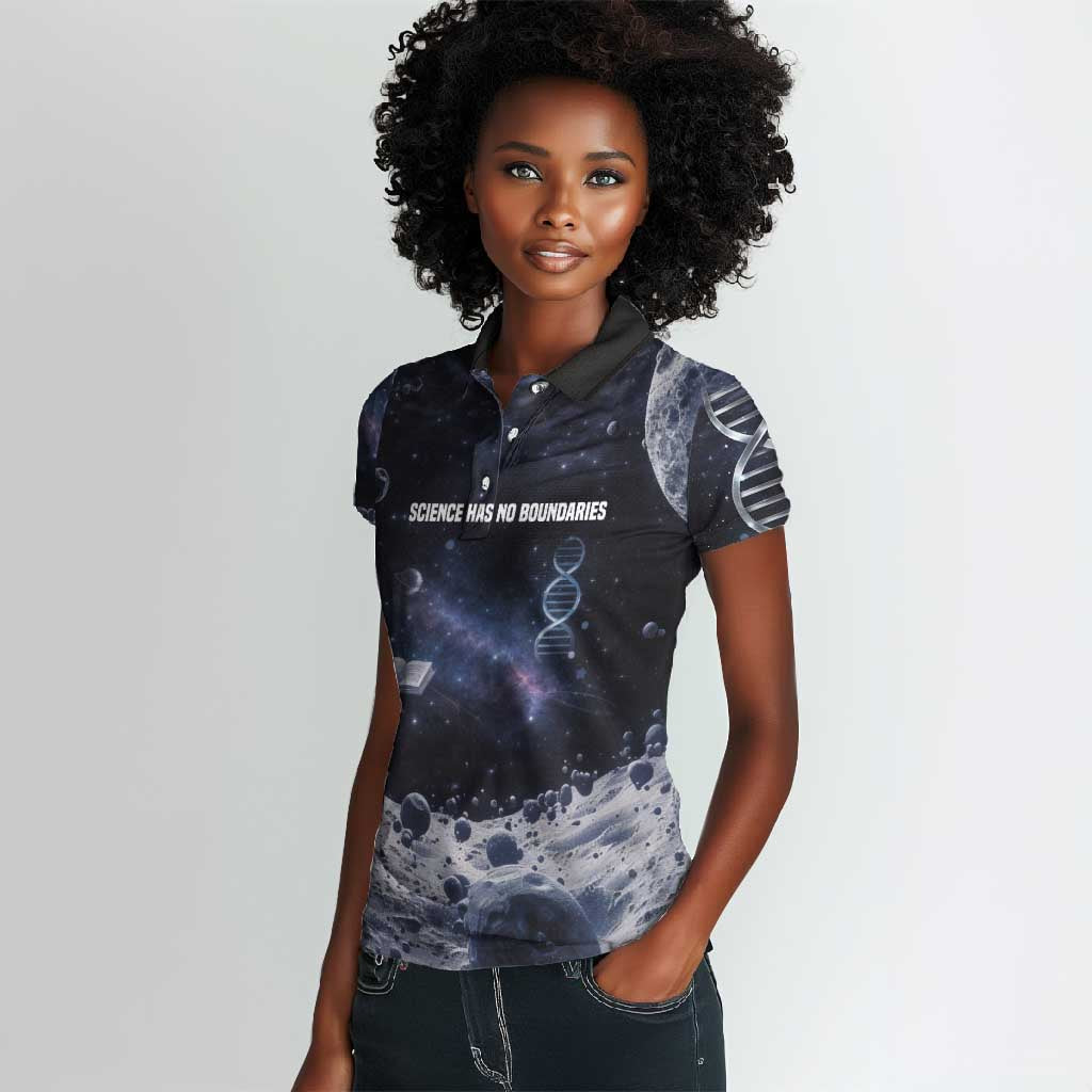 Mae Jemison Women Polo Shirt with Space Portrait Design, Science Has No Boundaries Quote and DNA Book Elements - African Pride