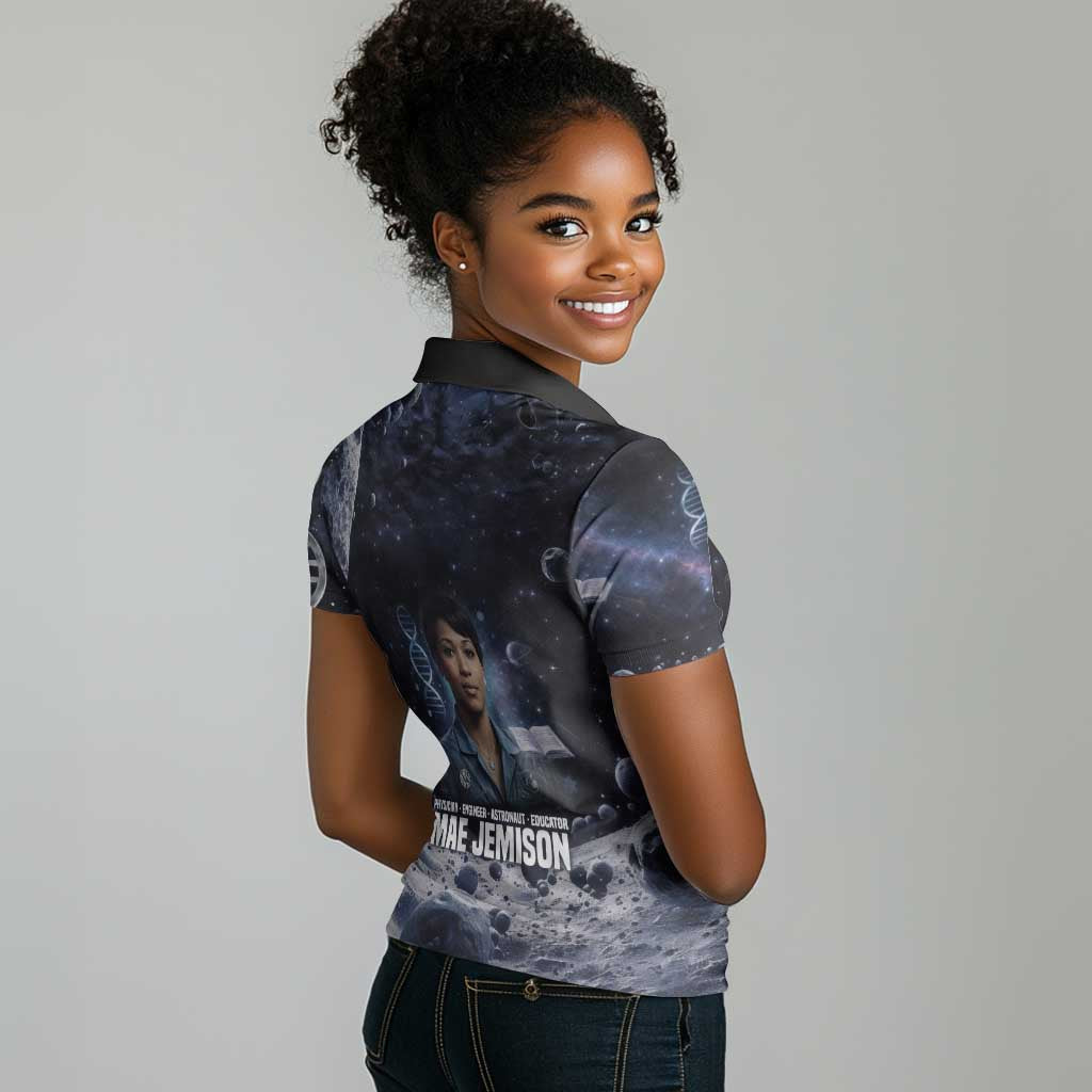 Mae Jemison Women Polo Shirt with Space Portrait Design, Science Has No Boundaries Quote and DNA Book Elements - African Pride