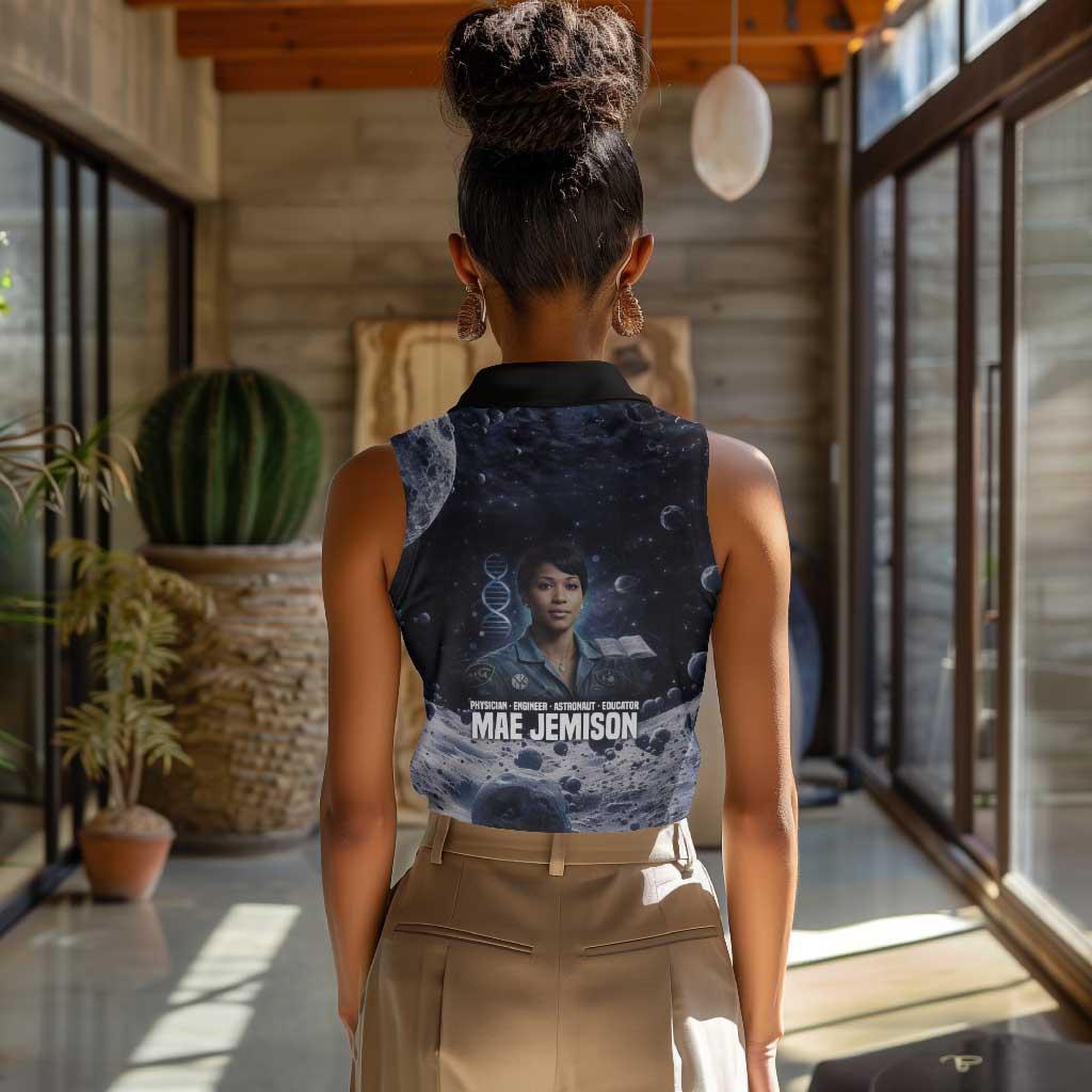 Mae Jemison Women Sleeveless Polo Shirt with Space Portrait Design, Science Has No Boundaries Quote and DNA Book Elements - African Pride