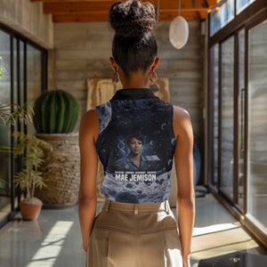 Mae Jemison Women Sleeveless Polo Shirt with Space Portrait Design, Science Has No Boundaries Quote and DNA Book Elements - African Pride