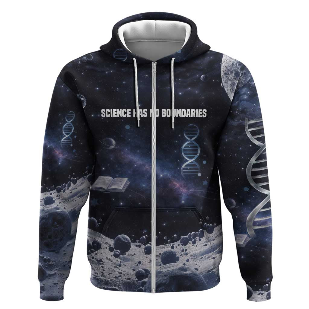 Mae Jemison Zip Hoodie with Space Portrait Design, Science Has No Boundaries Quote and DNA Book Elements - African Pride