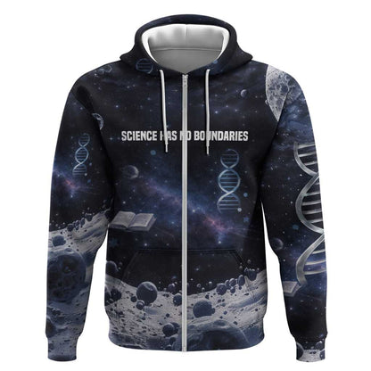 Mae Jemison Zip Hoodie with Space Portrait Design, Science Has No Boundaries Quote and DNA Book Elements - African Pride