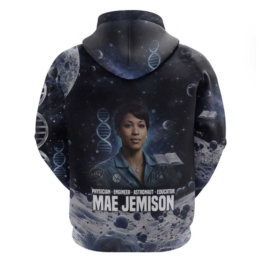 Mae Jemison Zip Hoodie with Space Portrait Design, Science Has No Boundaries Quote and DNA Book Elements - African Pride